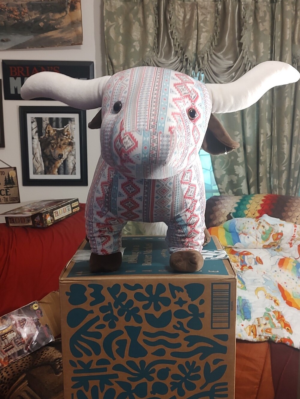 Farm Pals  Longhorn Bull Teal White Pink Aztec Pattern Plush Toy